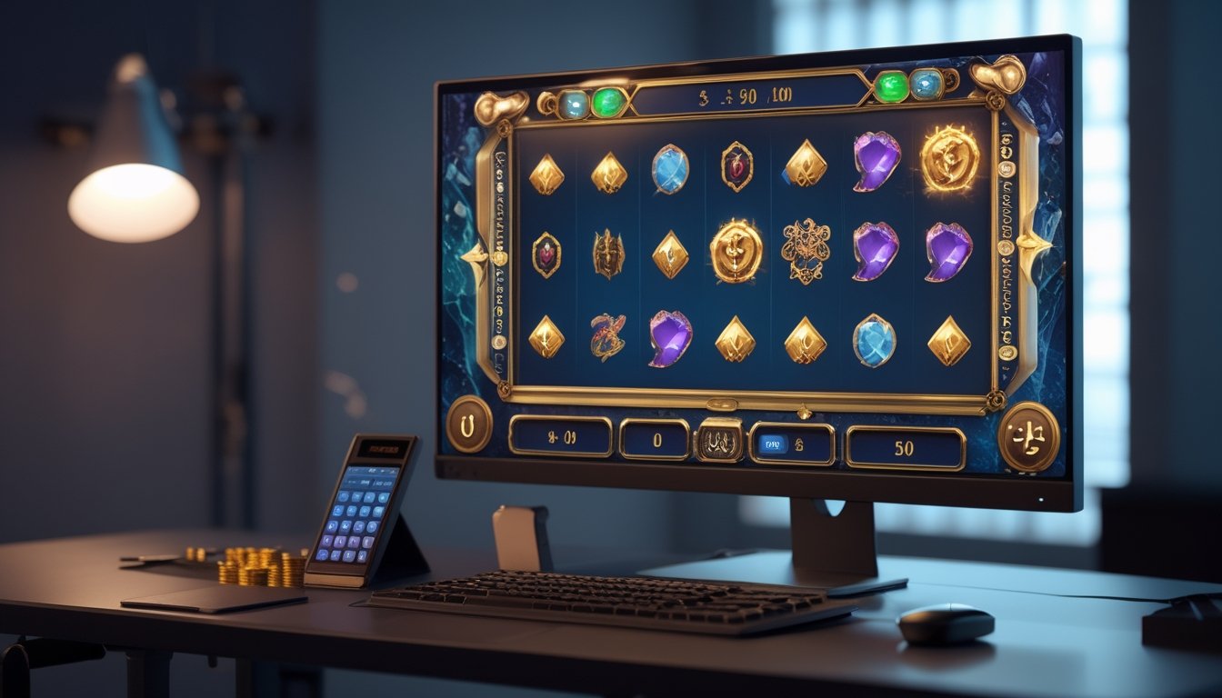 Meja permainan digital dengan layar gulungan slot fantasi dan koin taruhan kecil yang tertata rapi.