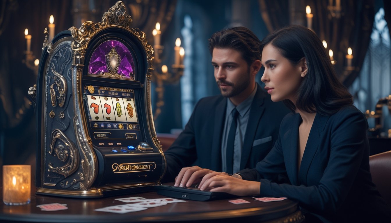 Seorang pria dan wanita meninjau permainan slot bertema romantis di ruang kasino elegan dengan laptop, kartu, dan keping kasino.