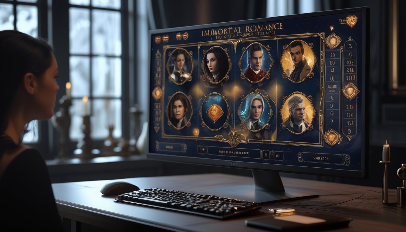 Monitor menampilkan permainan slot bertema romansa supernatural dengan simbol kartu, mawar, dan suasana gotik.