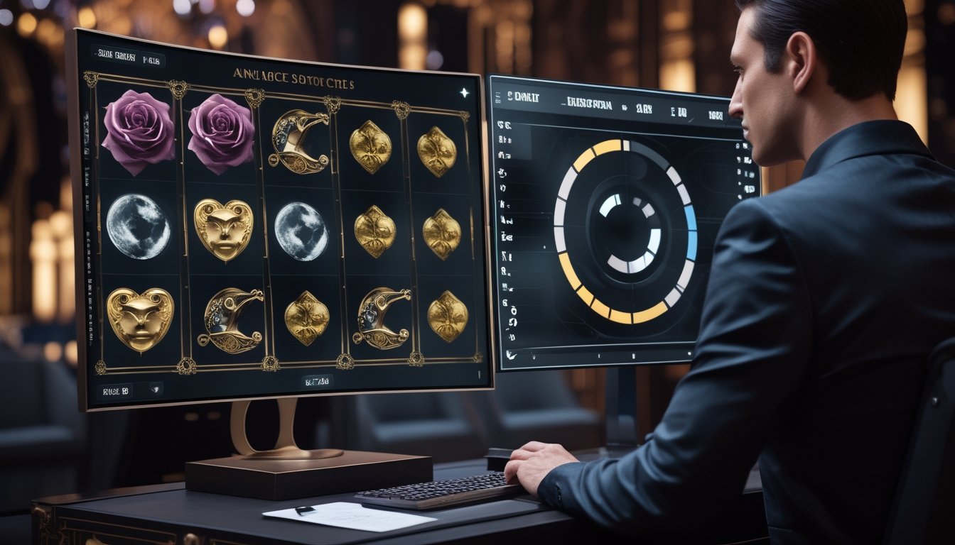 Seorang analis mengamati layar permainan bergaya romantis-gotik dengan diagram siklus putaran di ruang kerja modern.