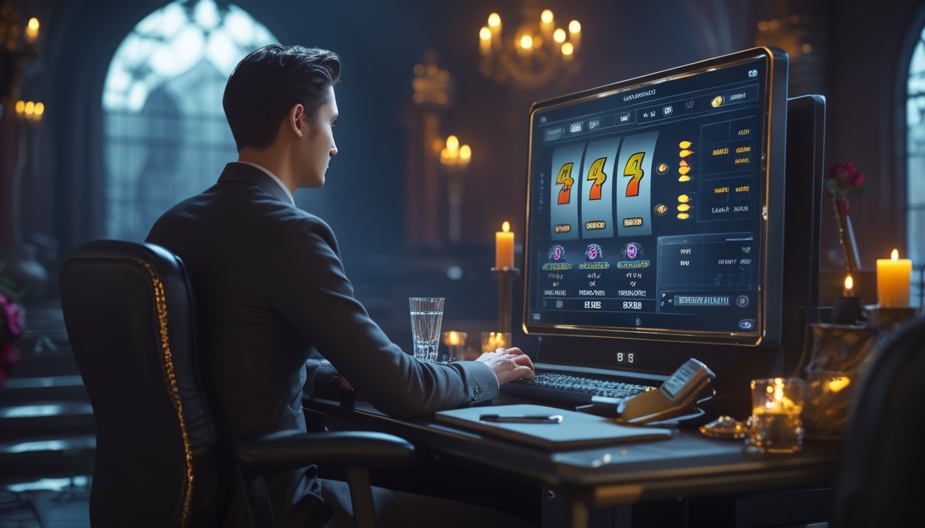 Seorang pemain menganalisis permainan slot digital dengan grafik volatilitas di ruangan bergaya gotik yang elegan.