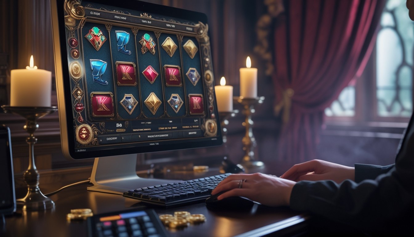 Seseorang menggunakan komputer dengan tampilan permainan bergaya romantis gotik, ditemani buku catatan, kalkulator, dan token permainan.