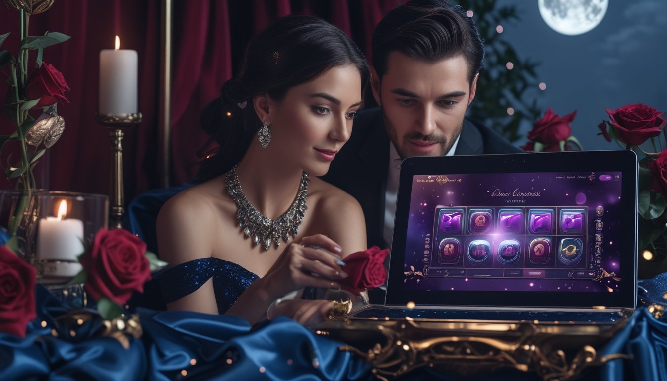 Pasangan dewasa menikmati suasana permainan slot bernuansa romantis di depan laptop dan ponsel dalam lingkungan mewah.