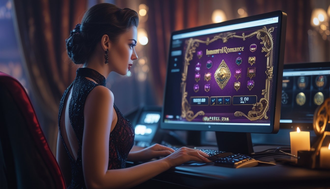 Seorang wanita berbaju malam duduk di depan layar permainan slot bertema gotik dengan dekorasi mawar merah dan kastel.