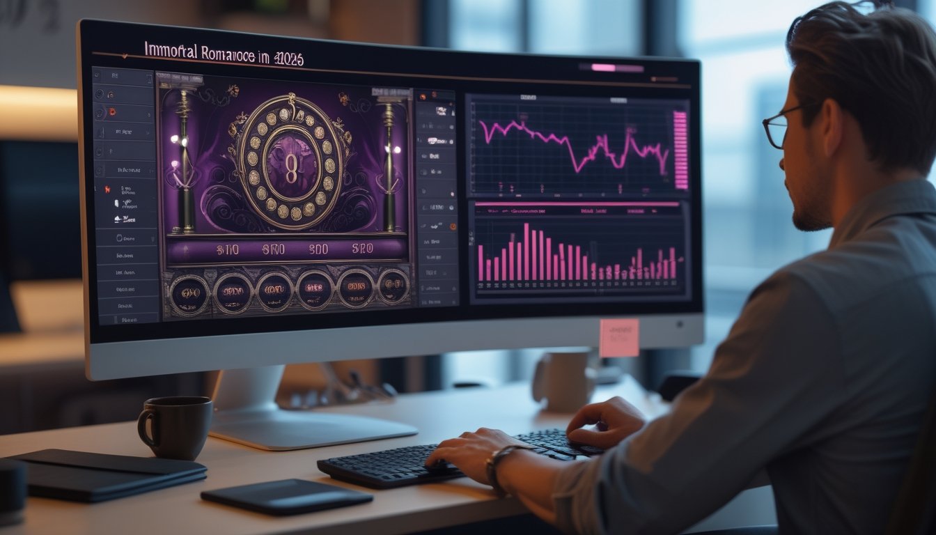 Seorang analis memeriksa grafik dan antarmuka permainan slot abstrak di meja kerja modern.
