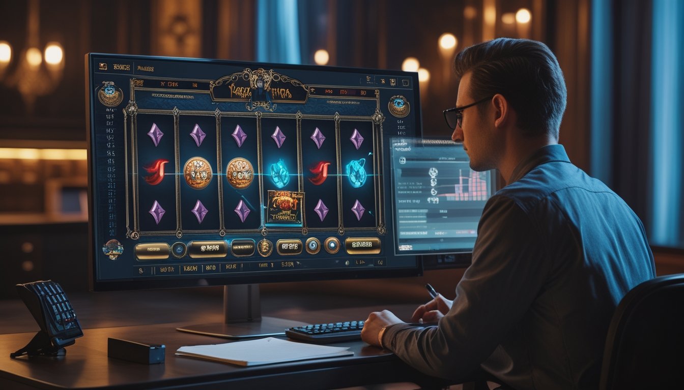 Seorang analis meninjau antarmuka permainan slot bertema gotik dan grafik peluang di depan komputer.