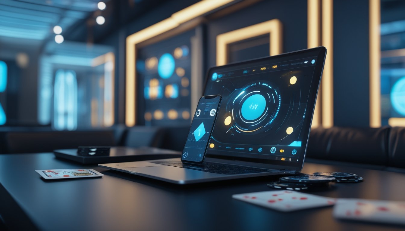 Perangkat digital menampilkan permainan kartu cepat dengan kartu dan keping permainan di atas meja modern.