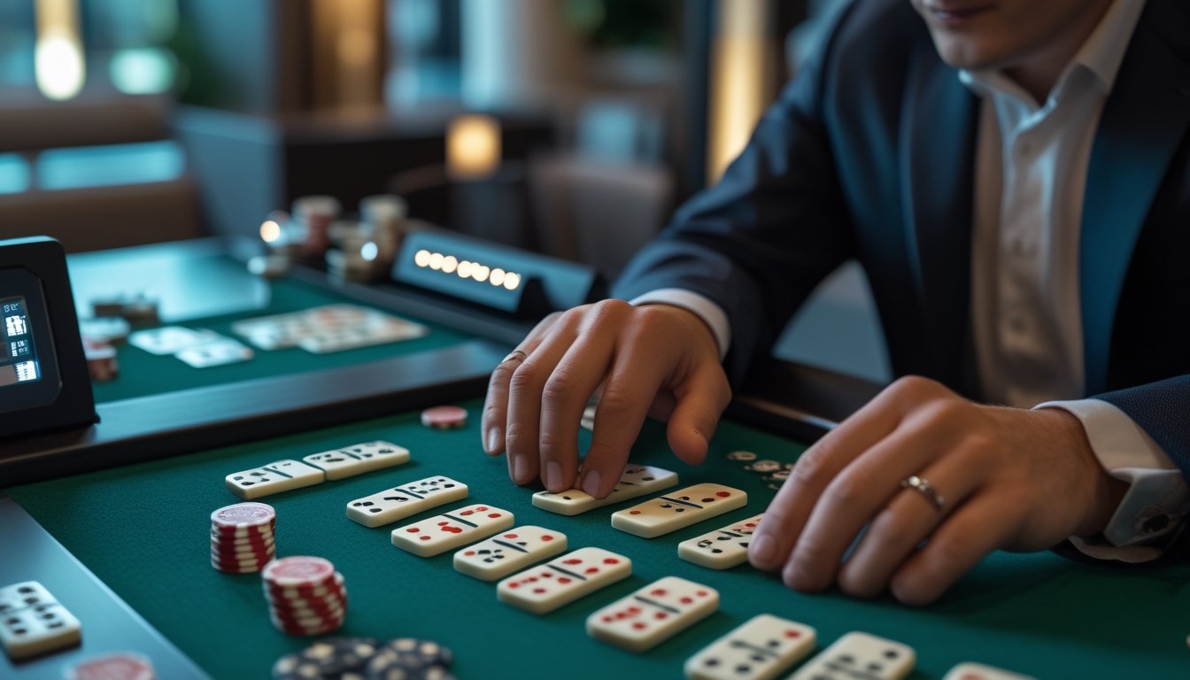 Seorang pemain fokus menyusun kartu domino di meja permainan dengan keping taruhan dan penunjuk waktu.
