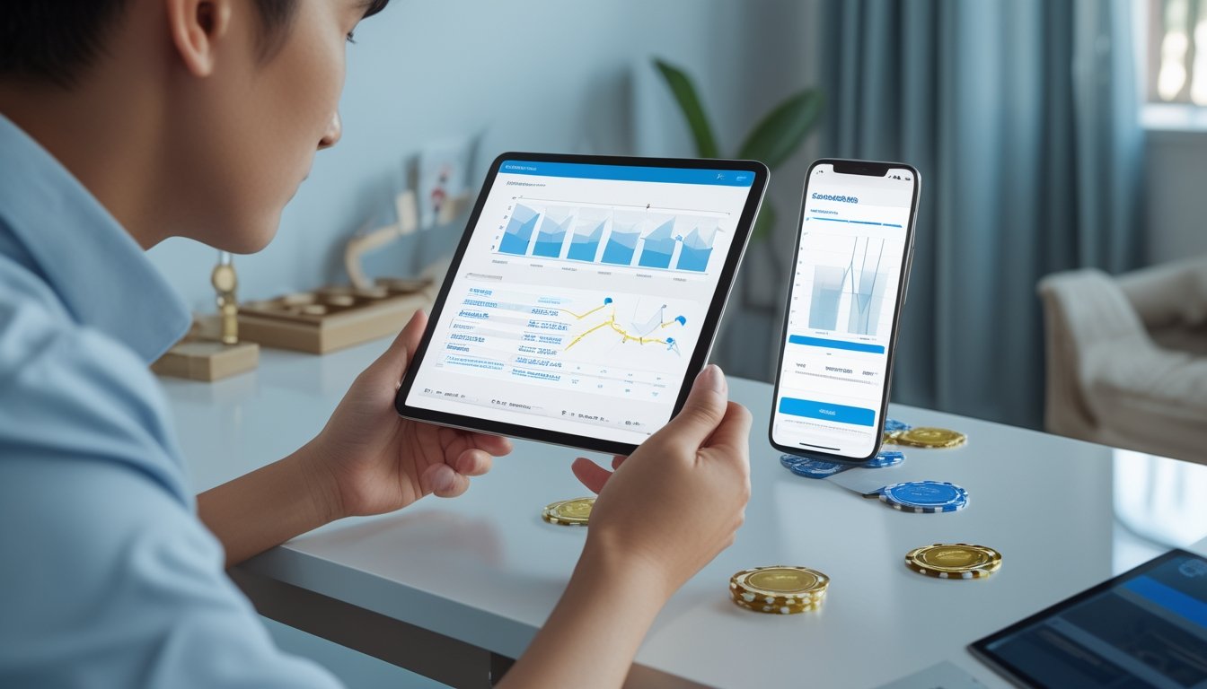 Seseorang mempelajari grafik permainan digital di meja kerja modern dengan kartu dan keping permainan di latar belakang.