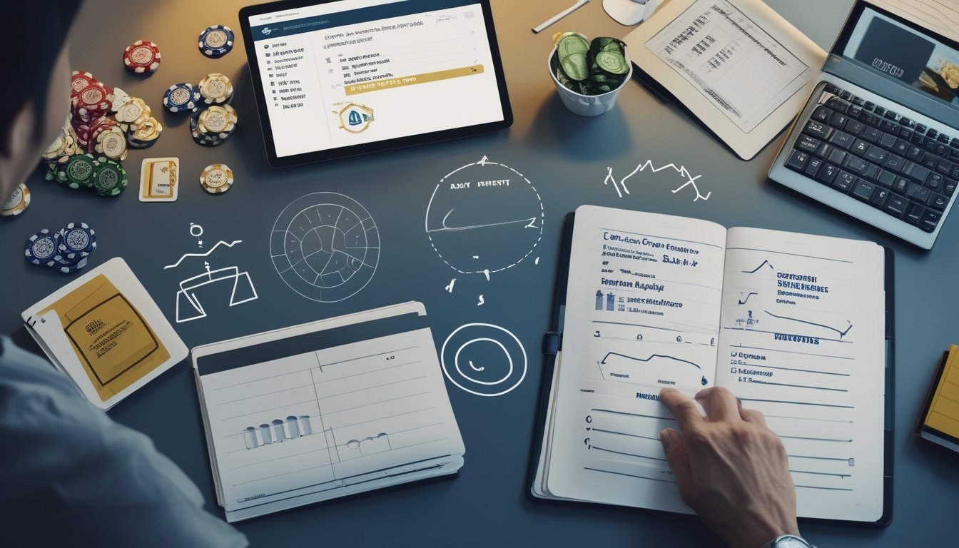Seorang profesional meninjau informasi permainan kartu dan analisis risiko di meja kerja dengan tablet, kartu, serta catatan.