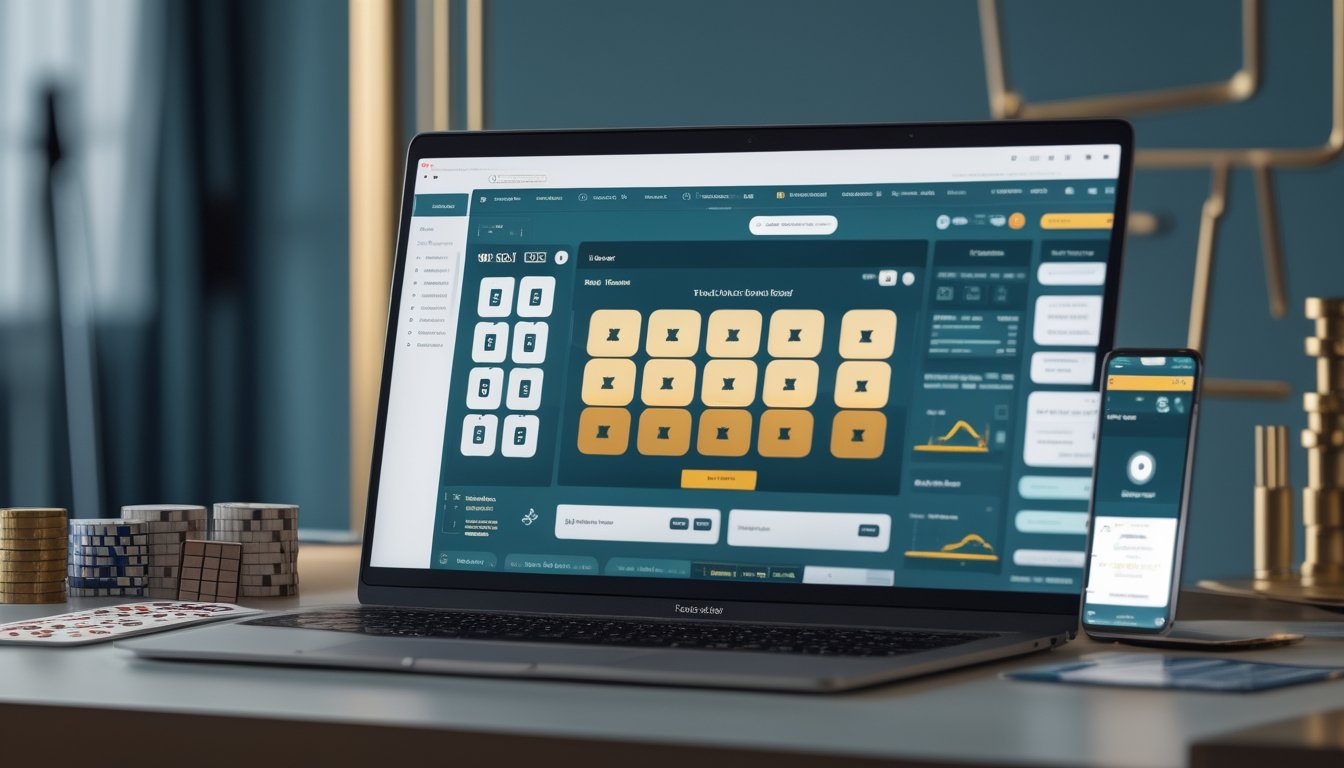 Laptop dan ponsel menampilkan antarmuka permainan domino dengan kartu domino dan simbol keamanan di meja modern.