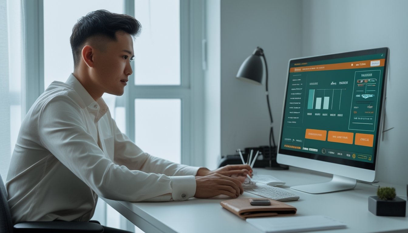 Seseorang mengatur anggaran permainan online di meja kerja dengan komputer, catatan kosong, dan menjaga permainan.