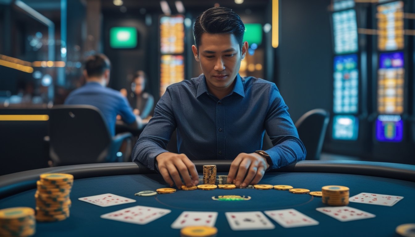 Pemain dewasa menikmati permainan kartu cepat di meja modern dengan kartu dan chip berwarna.