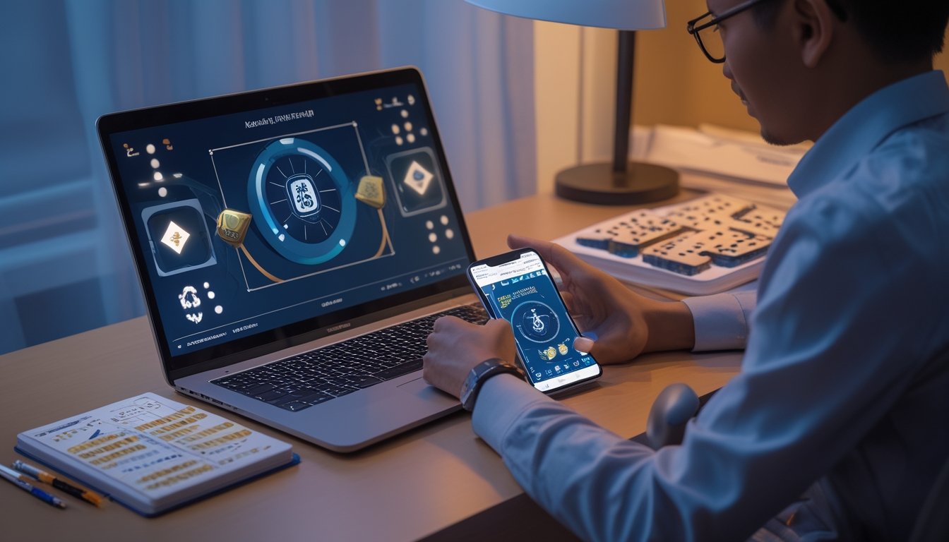 Seseorang mempelajari permainan kartu digital dan ubin domino di meja dengan laptop dan ponsel.
