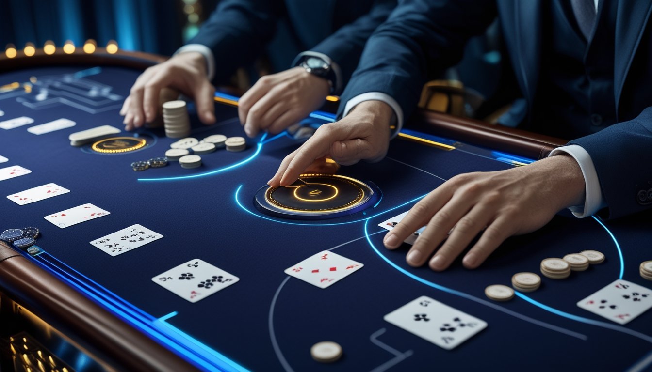 Meja permainan dengan kartu, keping domino, dan chip yang tertata dalam suasana permainan cepat.