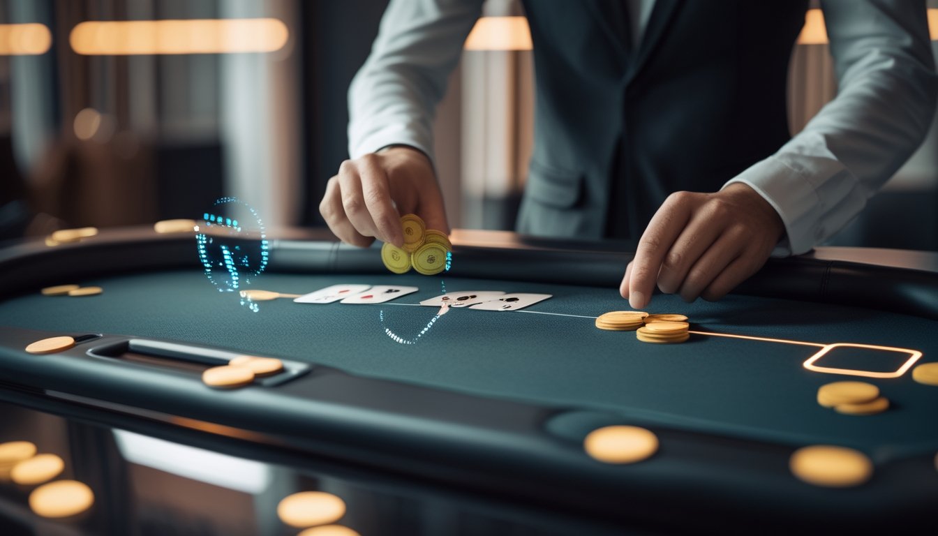 Meja permainan modern dengan kartu, chip, dan indikator cahaya yang menggambarkan putaran cepat.