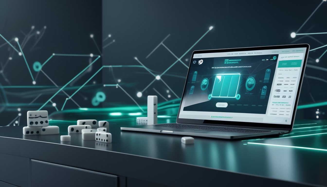 Perangkat digital menampilkan antarmuka permainan abstrak dengan keping domino di atas meja modern.