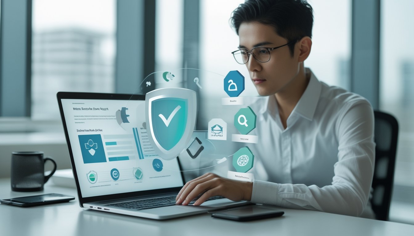Seseorang menilai keamanan dan kredibilitas platform digital menggunakan laptop dan ponsel di meja kerja.