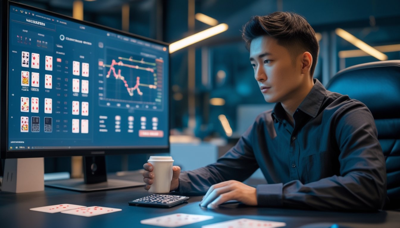 Seorang pemain sedang menganalisis kartu dan grafik strategi di depan komputer dalam ruang permainan modern.