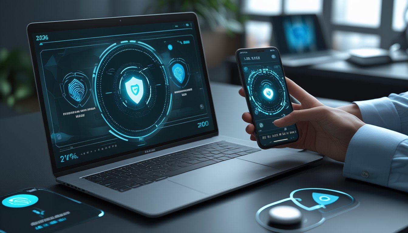 Perangkat digital menampilkan permainan kartu daring dengan elemen keamanan siber di meja kerja modern.