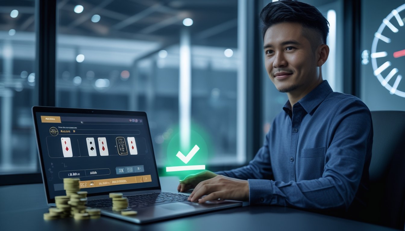 Seorang pemain dewasa menggunakan laptop untuk permainan kartu digital, dengan ponsel yang menampilkan tanda transaksi berhasil.
