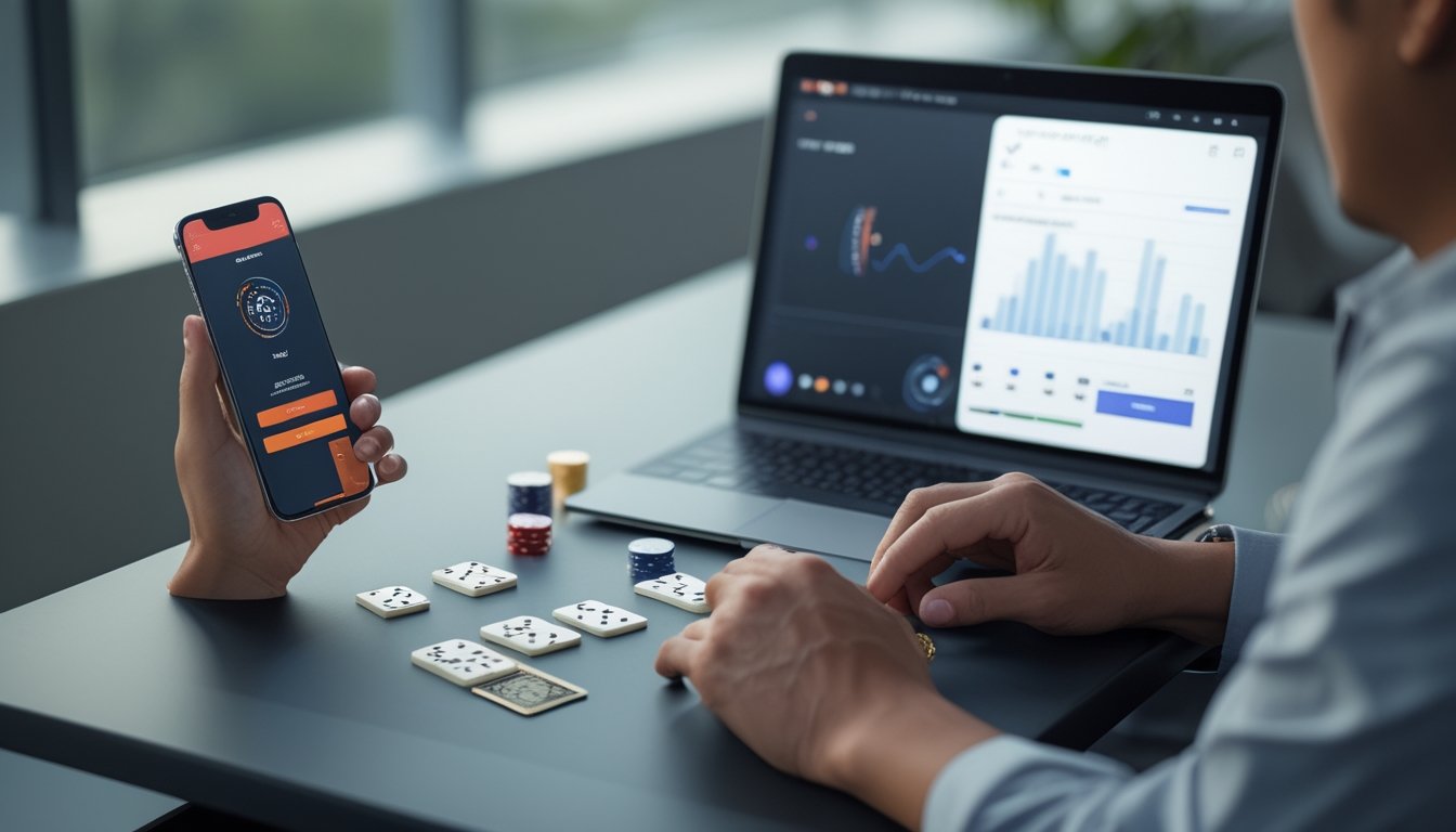 Seorang pemain mempelajari kartu domino di meja dengan laptop dan ponsel di dekatnya.