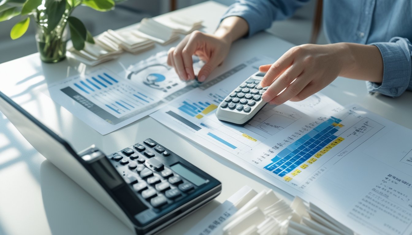 Seorang analis dewasa memeriksa pola statistik abstrak di laptop pada meja kerja modern.
