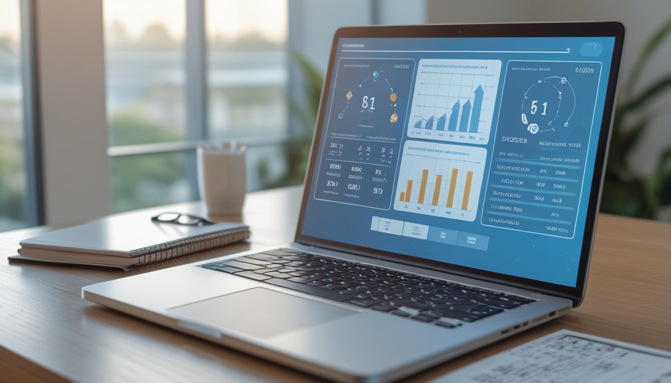 Meja kerja dengan laptop yang menampilkan grafik probabilitas dan perlengkapan analisis statistik.