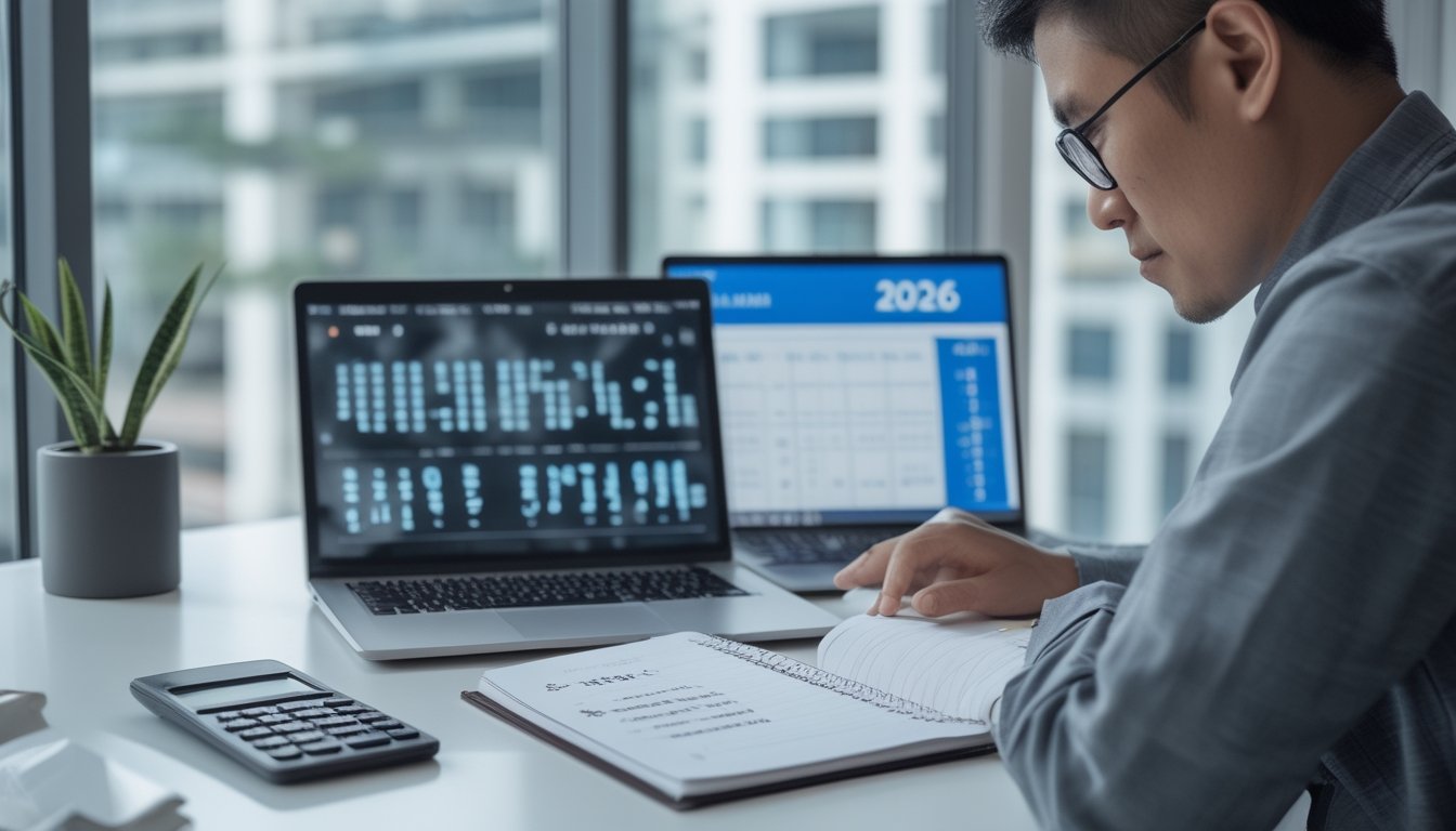 Dua orang dewasa mempelajari pola angka dan data di meja kerja dengan laptop, kalkulator, buku catatan, dan kalender.