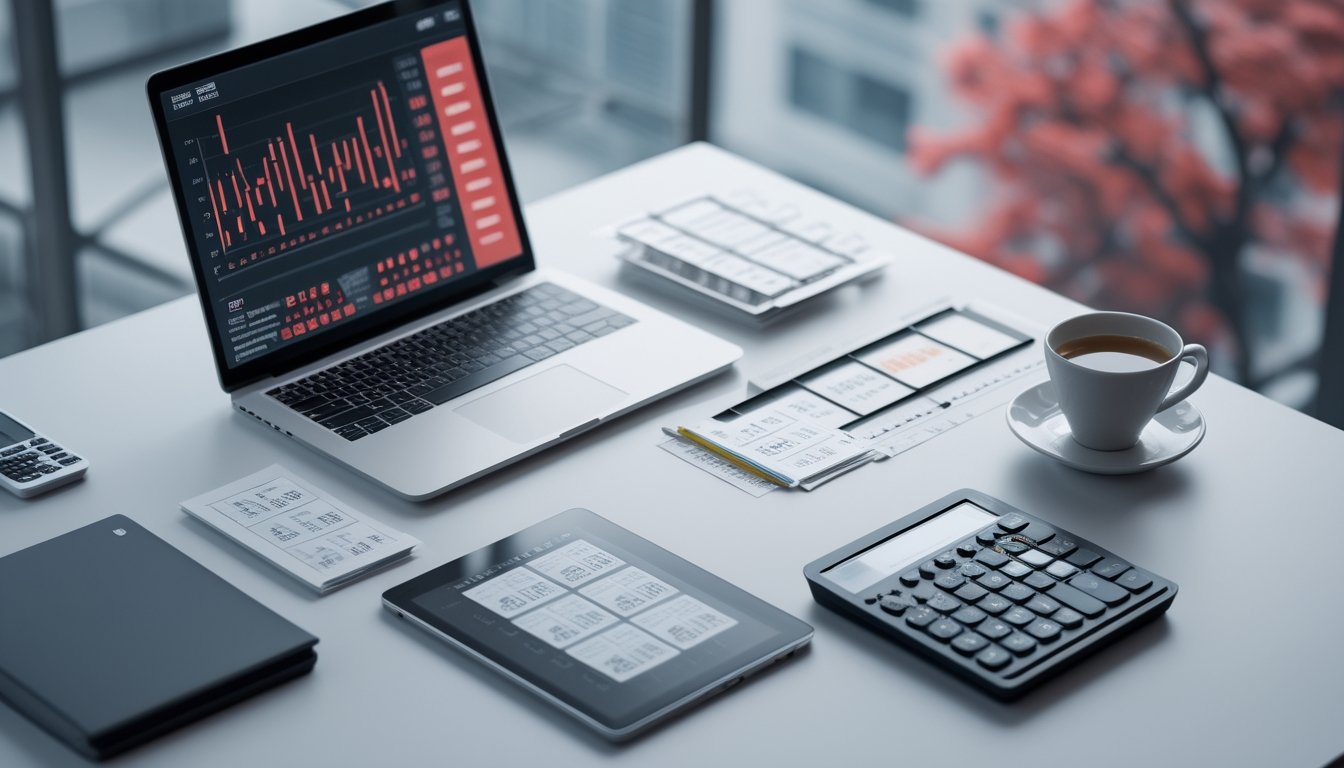 Meja kerja modern dengan laptop, tablet, kalkulator, dan lembar lotre kosong untuk analisis angka.