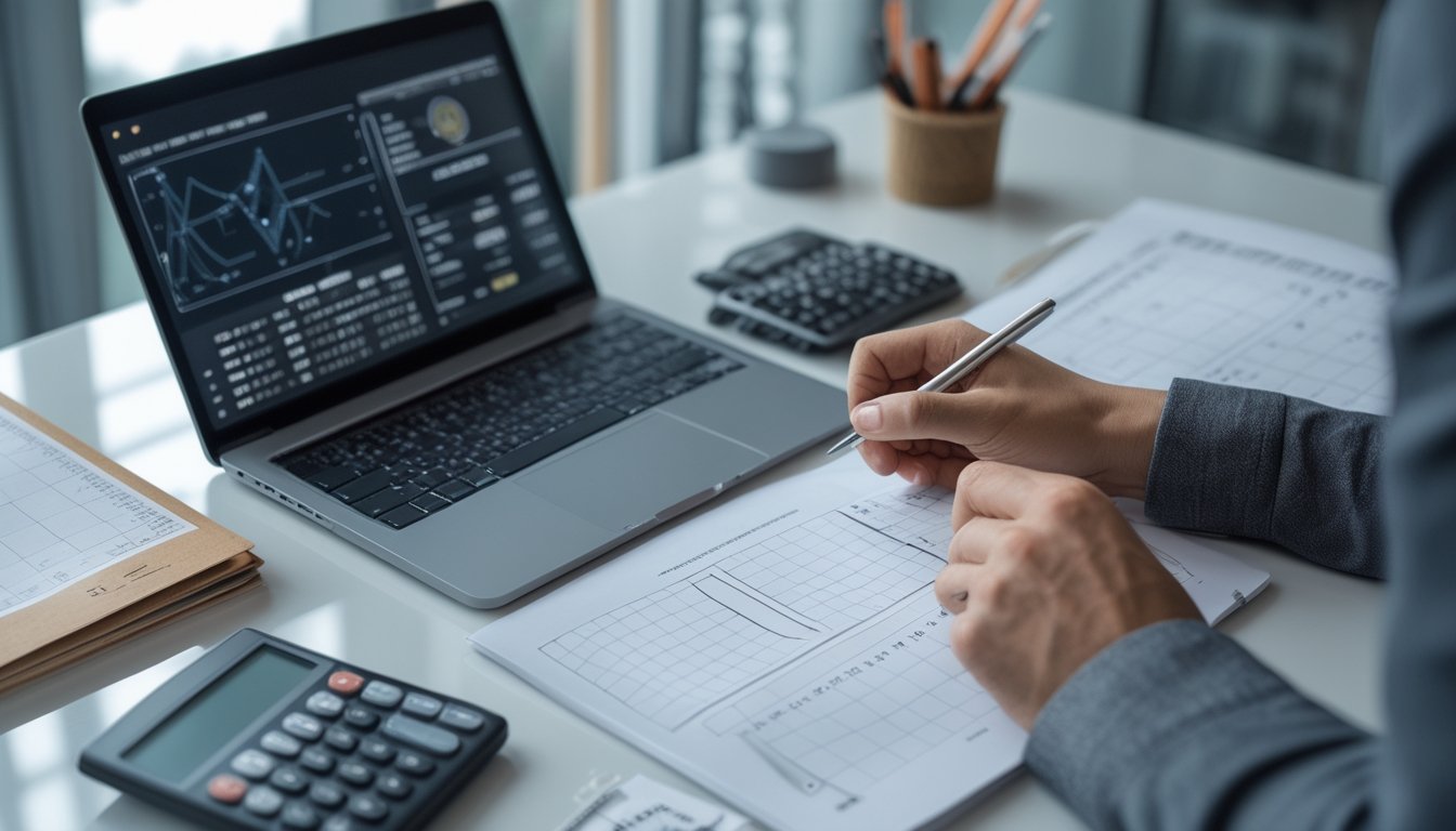 Seorang analis memeriksa data statistik di meja kerja dengan laptop, kalkulator, dan lembar kerja, dengan nuansa Taiwan di latar belakang.