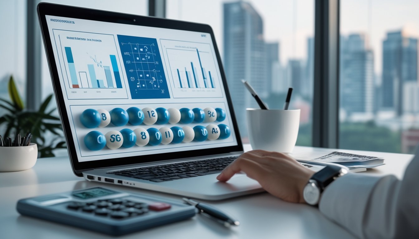 Meja analisis dengan bola lotre bernomor, kalkulator, laptop berisi grafik, dan latar kota yang samar.