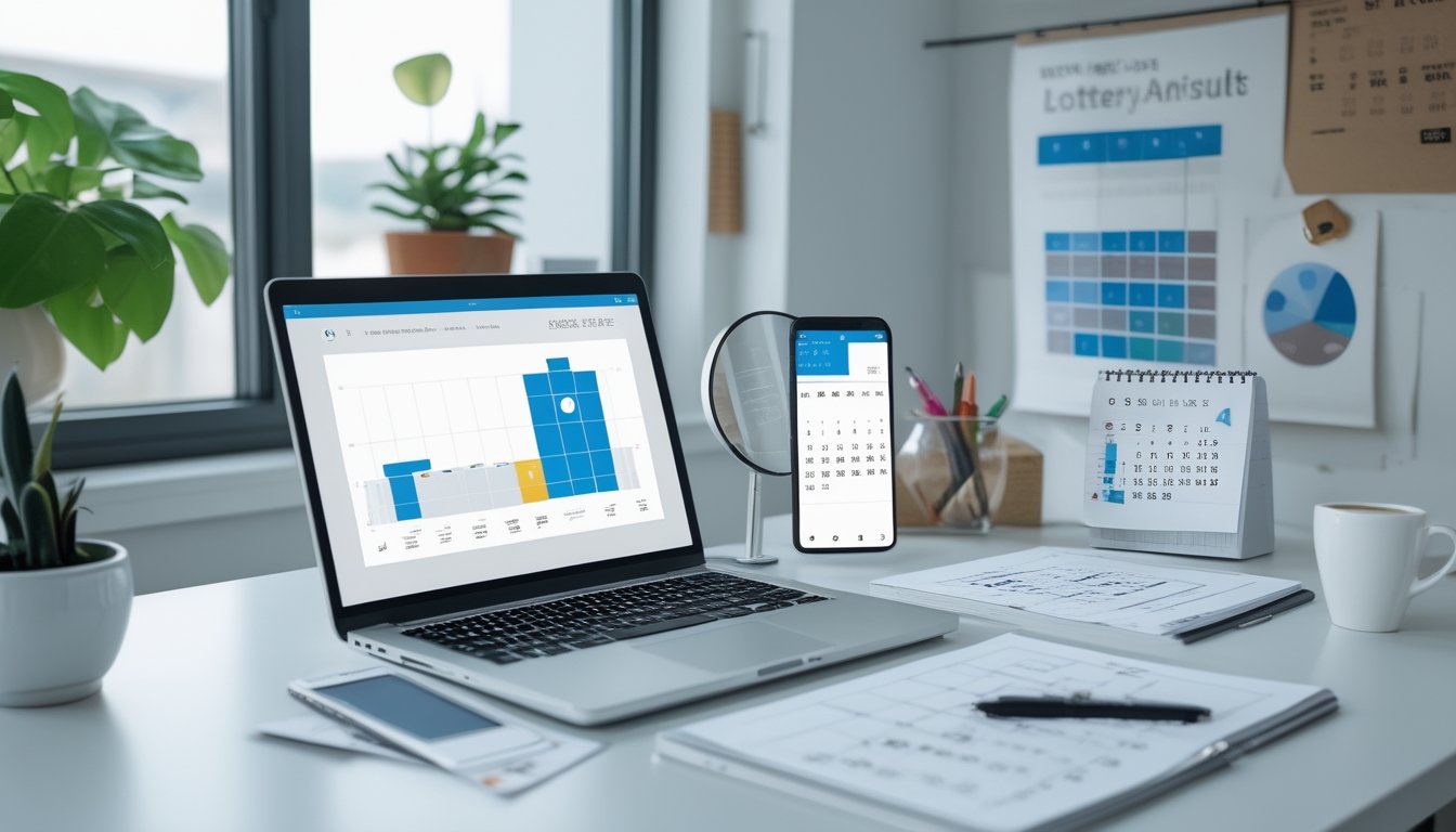 Meja kerja dengan laptop, ponsel, kalender, dan alat tulis untuk memeriksa jadwal hasil.
