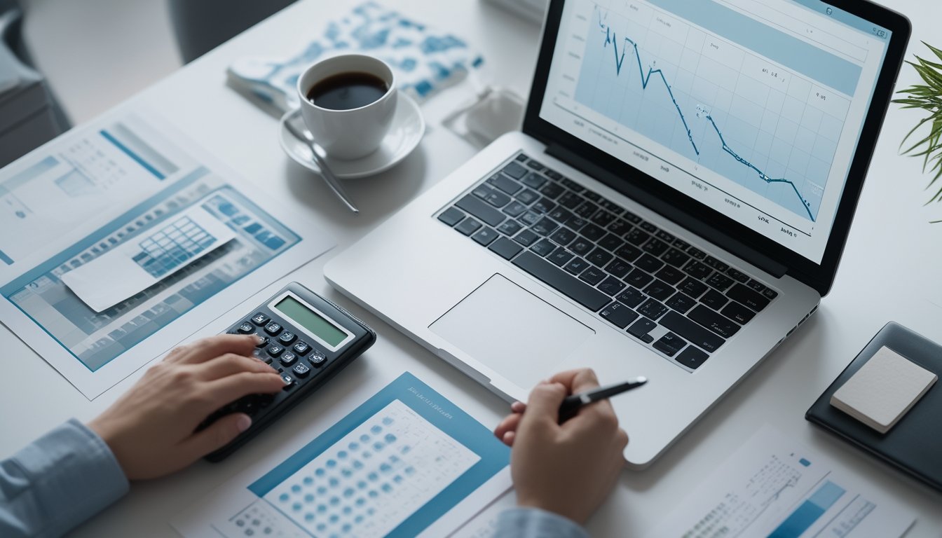 Meja kerja dengan laptop berisi grafik angka abstrak, dokumen statistik, kalkulator, dan cangkir kopi.