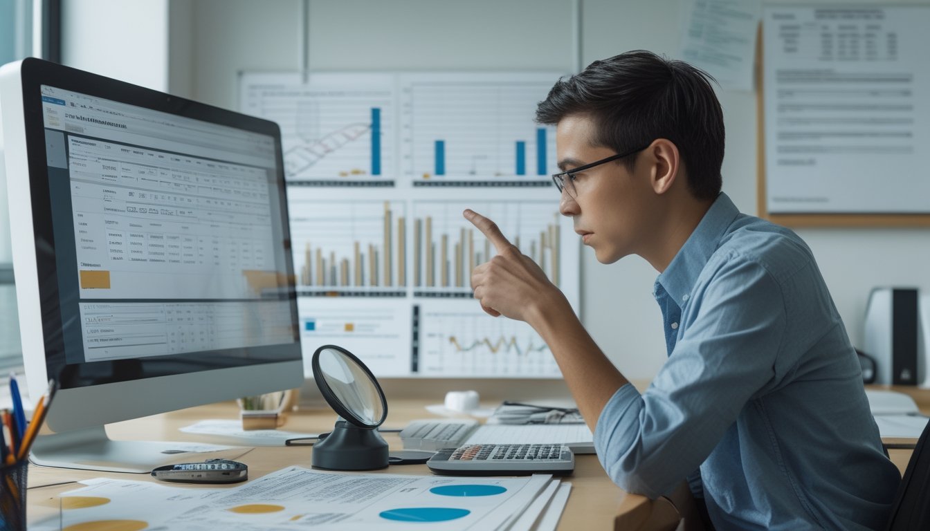 Seorang analis meninjau data hasil undian dan grafik probabilitas di meja kerja modern.