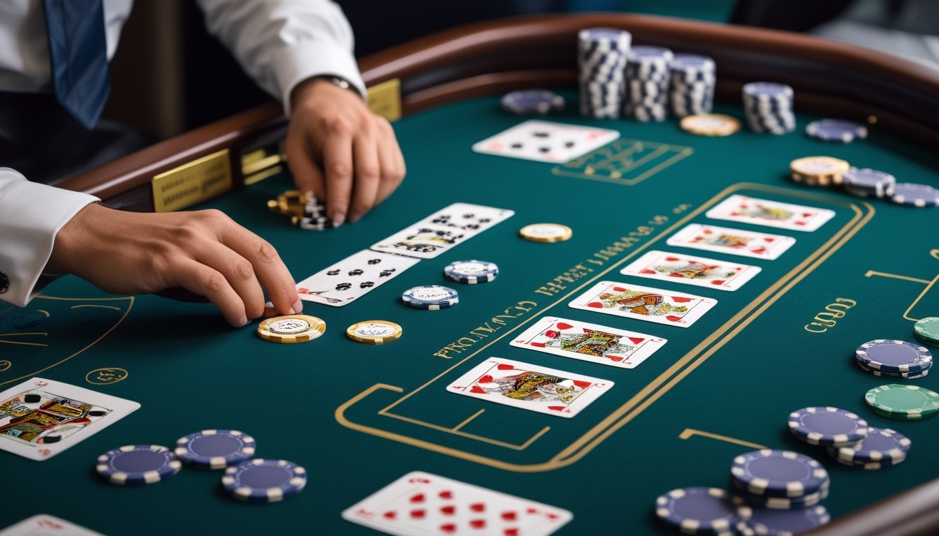 Meja blackjack dengan kartu berpasangan, keping kasino, dan tangan dealer yang sedang menyiapkan permainan.