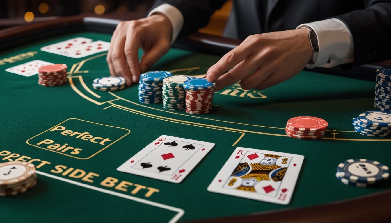 Kartu-kartu blackjack berpasangan tersusun di atas meja kasino dengan keping taruhan di sekitarnya.