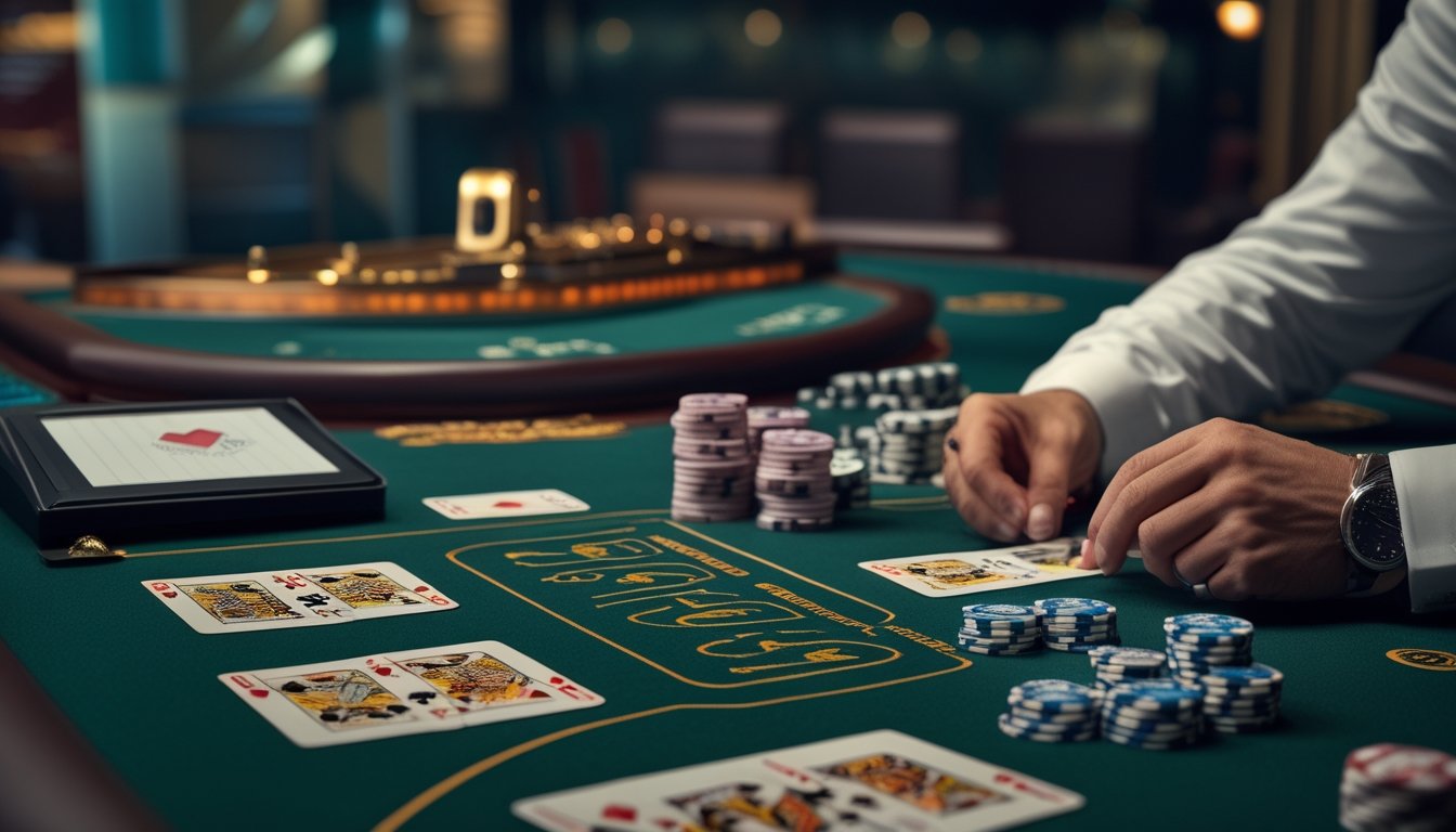 Pemain profesional mempelajari kartu pasangan dan keping taruhan di meja blackjack kasino.