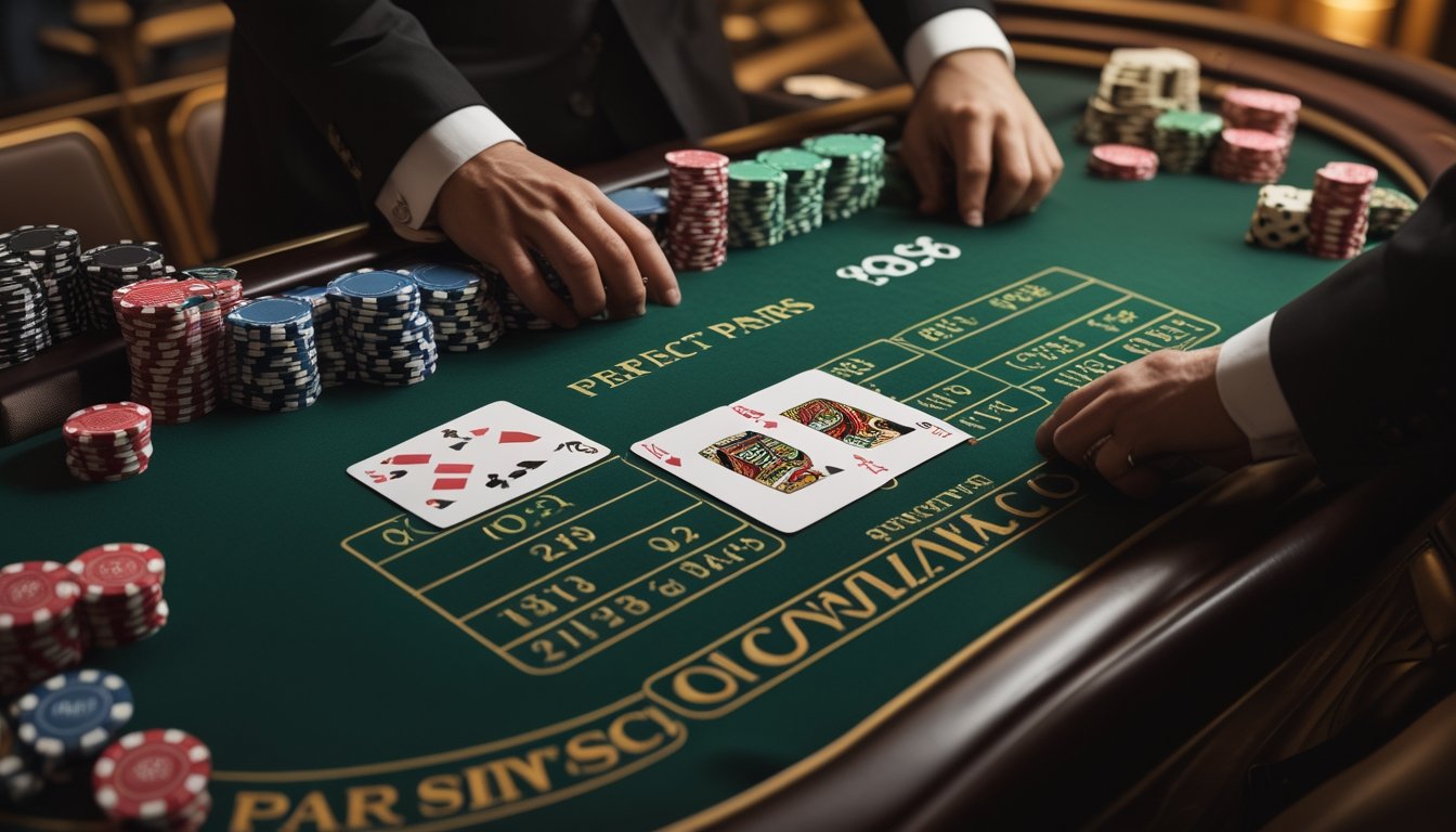 Meja blackjack dengan sepasang kartu yang cocok, keping kasino, dan tangan dealer di suasana kasino elegan.