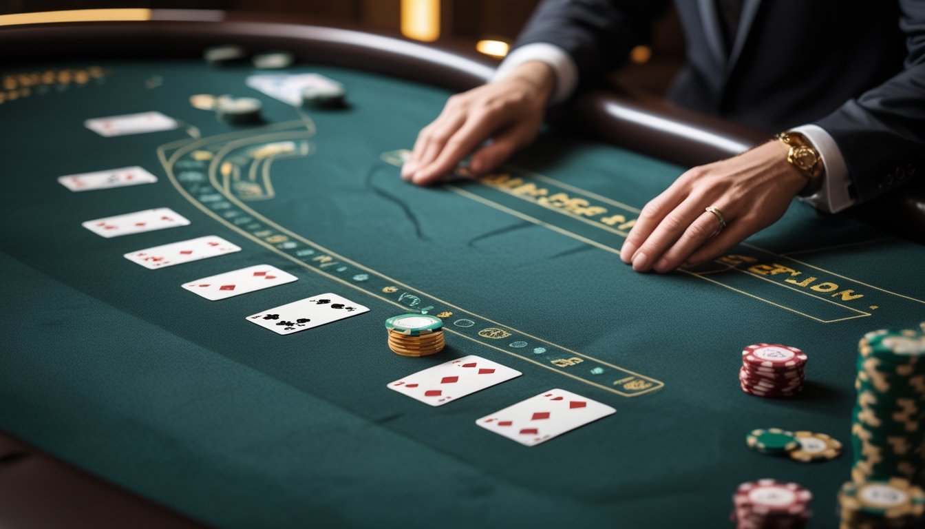 Meja blackjack modern dengan sepasang kartu yang cocok dan keping taruhan di area permainan.
