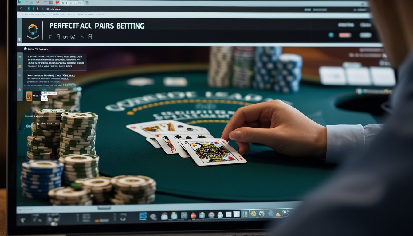 Tampilan blackjack online dengan sepasang kartu yang sama, chip kasino, dan tangan pemain di dekat area taruhan.