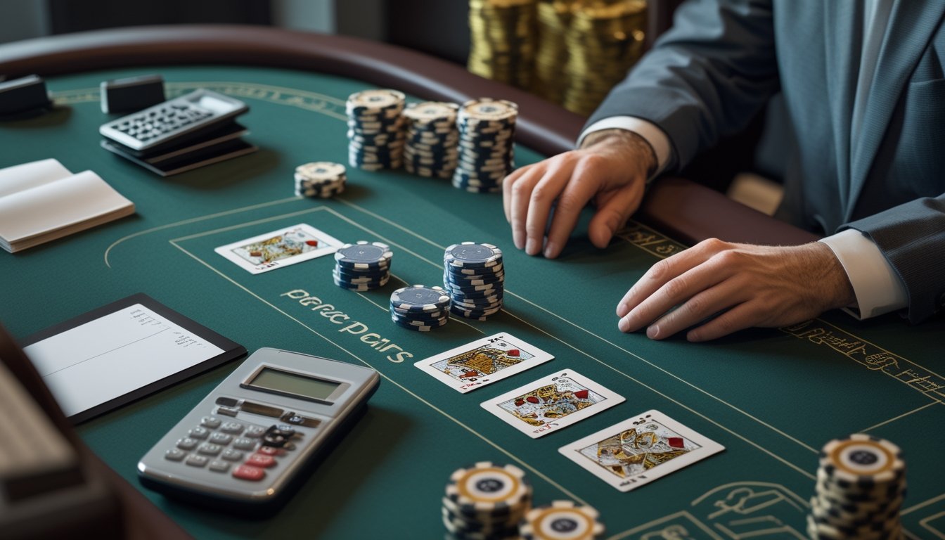 Meja blackjack dengan kartu berpasangan, tumpukan chip yang tertata, kalkulator, dan buku catatan kosong.
