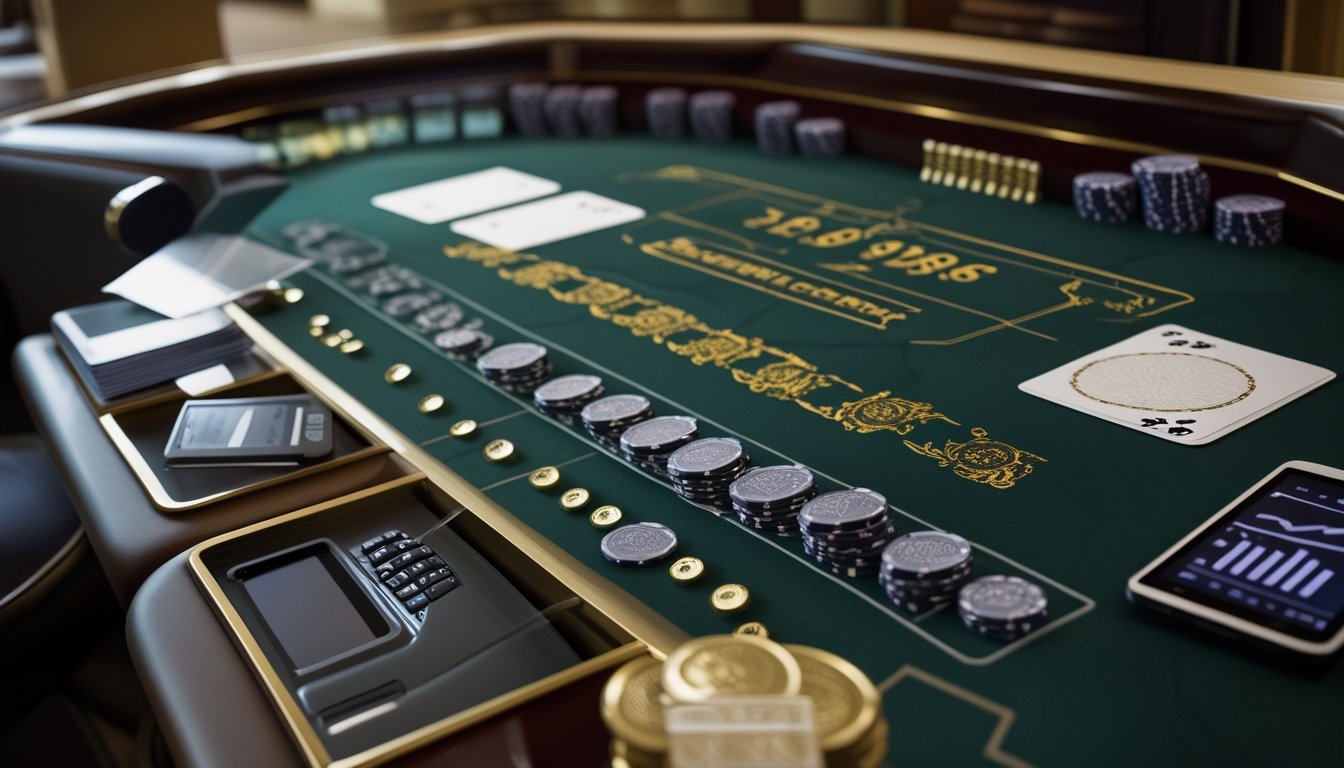 Meja blackjack dengan chip taruhan yang tertata, kartu, kalkulator, dan catatan perencanaan bankroll.