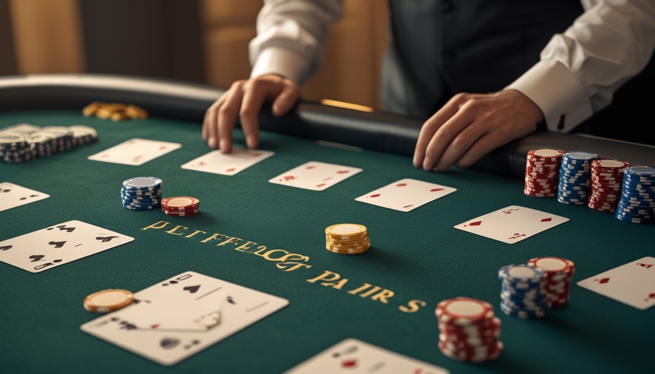 Meja blackjack dengan kartu dan tumpukan chip yang menggambarkan analisis peluang menang dan rugi.