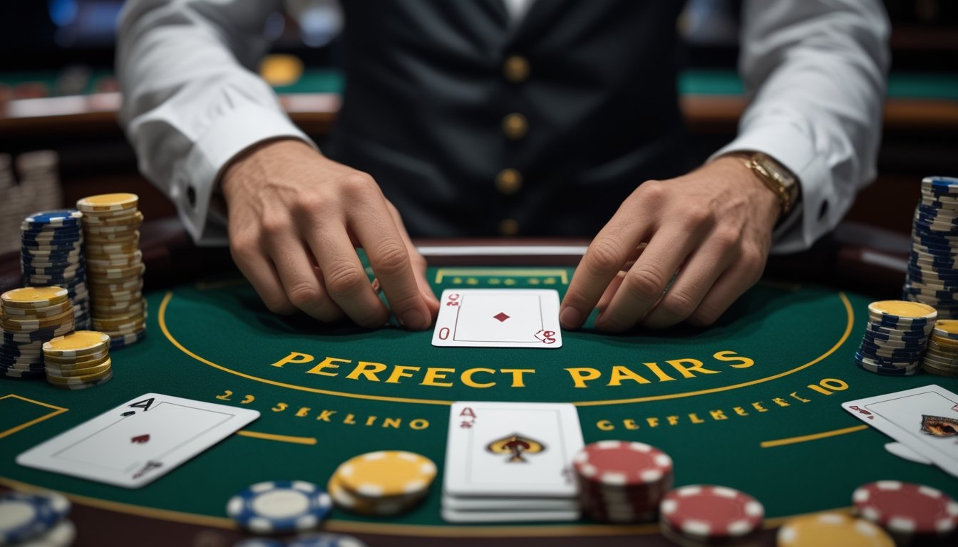Tangan dealer menata kartu blackjack dengan sepasang kartu berperingkat sama dan beberapa keping taruhan di atas meja kasino.