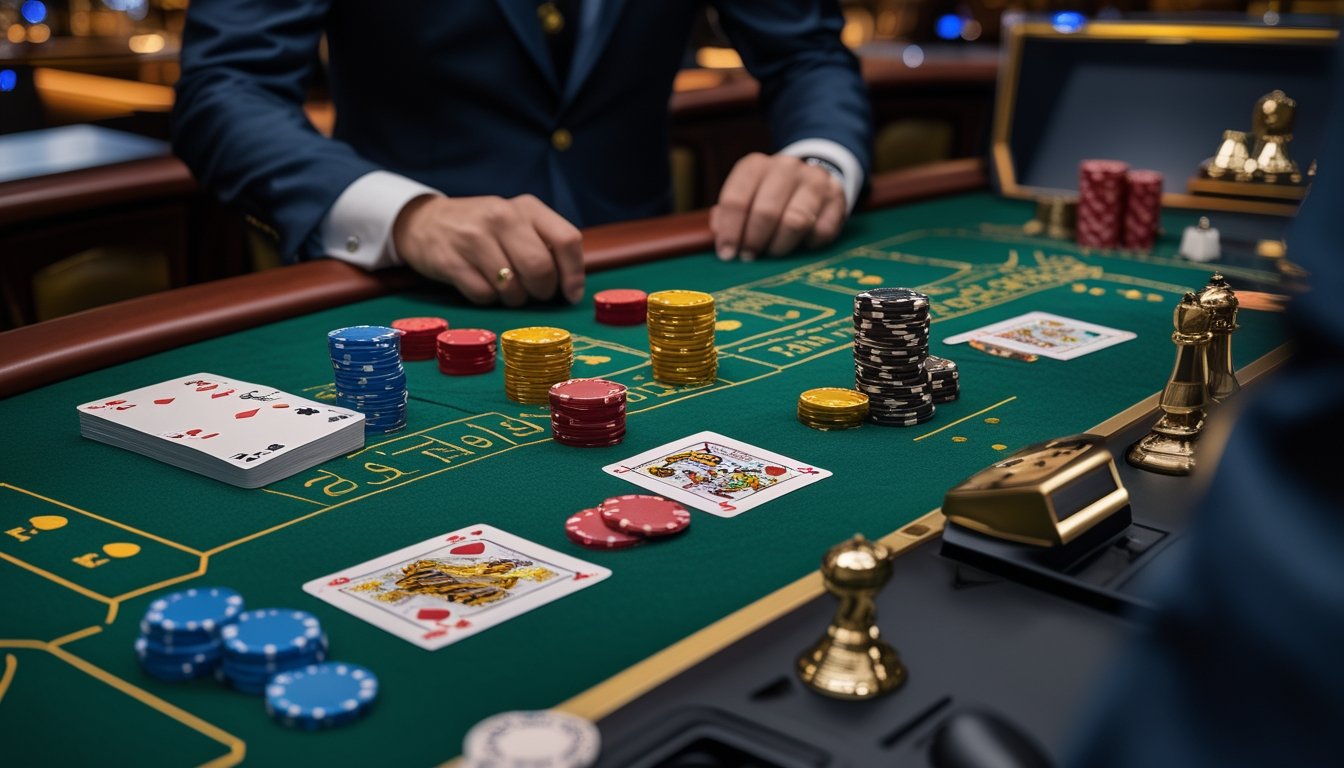 Meja blackjack kasino dengan sepasang kartu dan menyimpan taruhan warna-warni.
