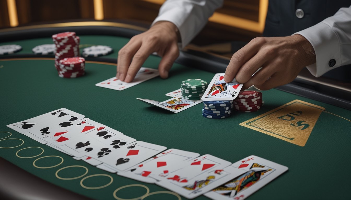 Kartu blackjack dipasangkan di atas meja kasino hijau dengan taruhan di sekitarnya.