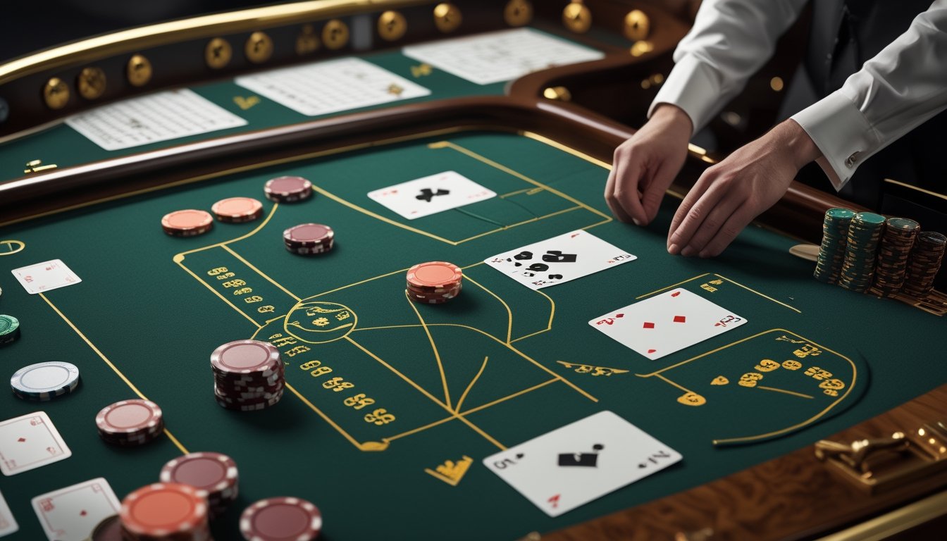 Meja blackjack dengan kartu pasangan, keping taruhan, dan tangan dealer di suasana kasino.
