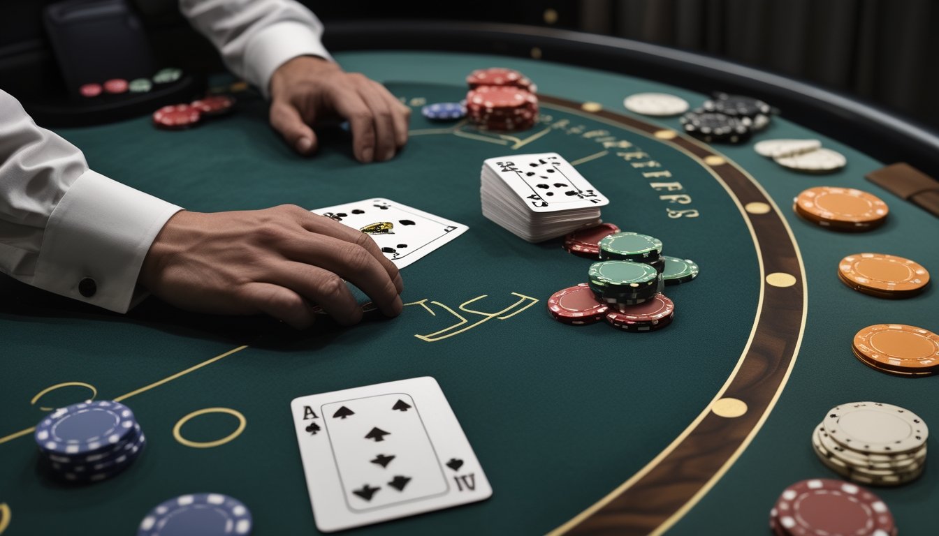 Meja blackjack dengan sepasang kartu identik, keping taruhan, dan tangan dealer di kasino.