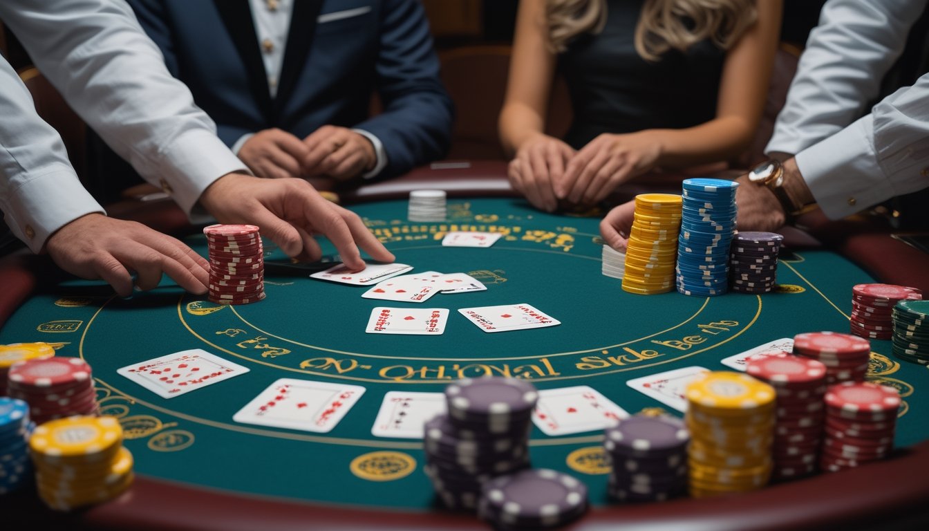 Pemain dewasa mengamati permainan blackjack di meja kasino dengan kartu dan keping taruhan.
